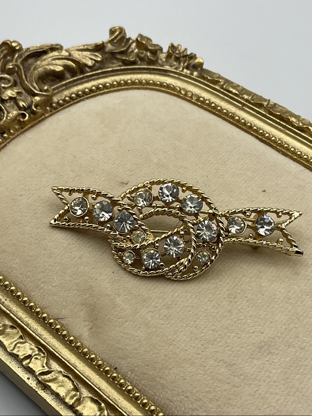 Vintage 1960s Gold Rhinestone Love Knot Hair Barrette Slide